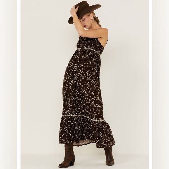 Cleo + Wolf Maxi Dress Womens 2XL XXL Tiered Brown Floral Smocked Cottagecore - Picture 1 of 13